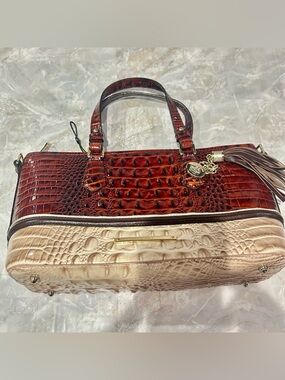 Two-Tone Croc-Embossed Tote Bag with Tassel - Brown & Cream